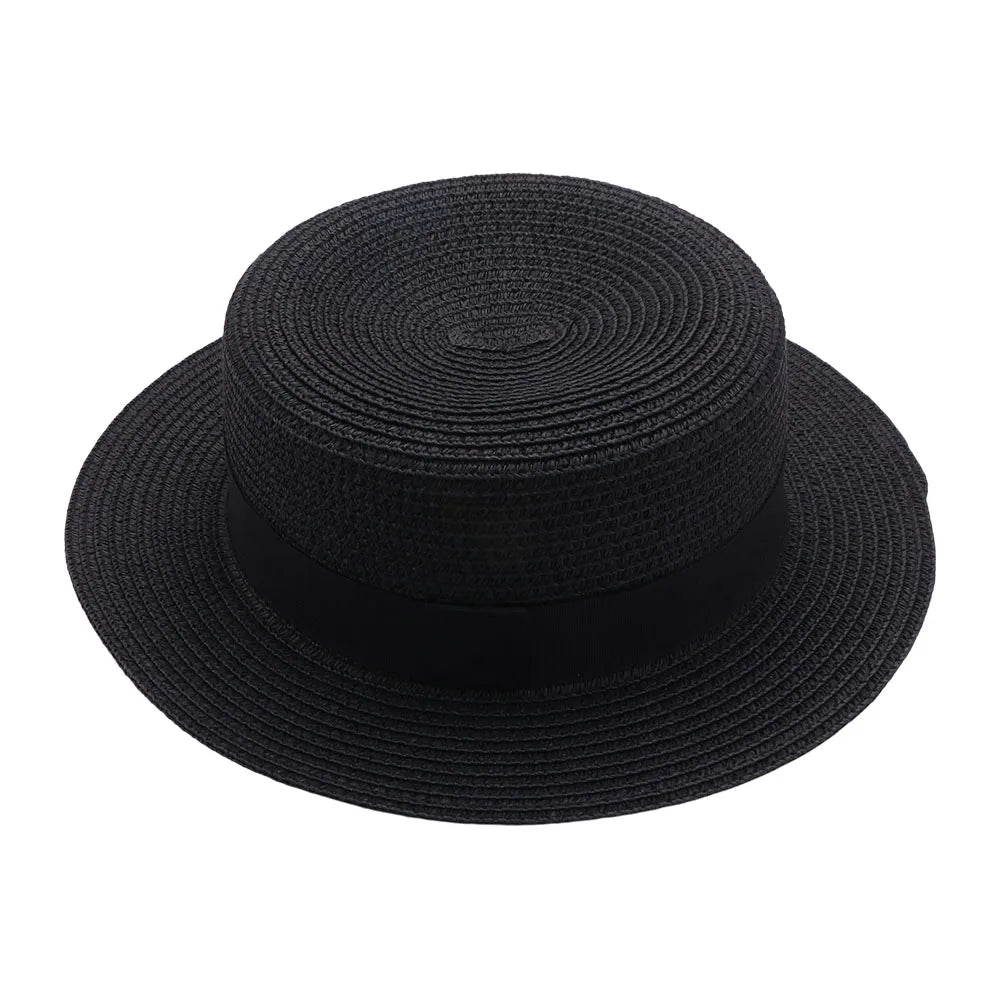 French Flat Top Straw Sun Hat – Unisex Beach & Vacation Cap Straw Sun Hat Axl Black