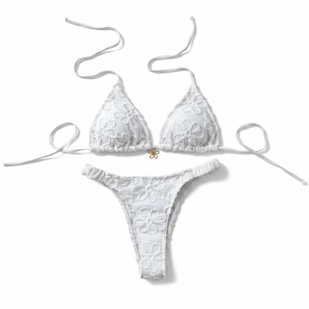 Two-Piece Halter Bikini Set – Deep V Lace-Up Floral Swimwear Halter Bikini Set Axl White L