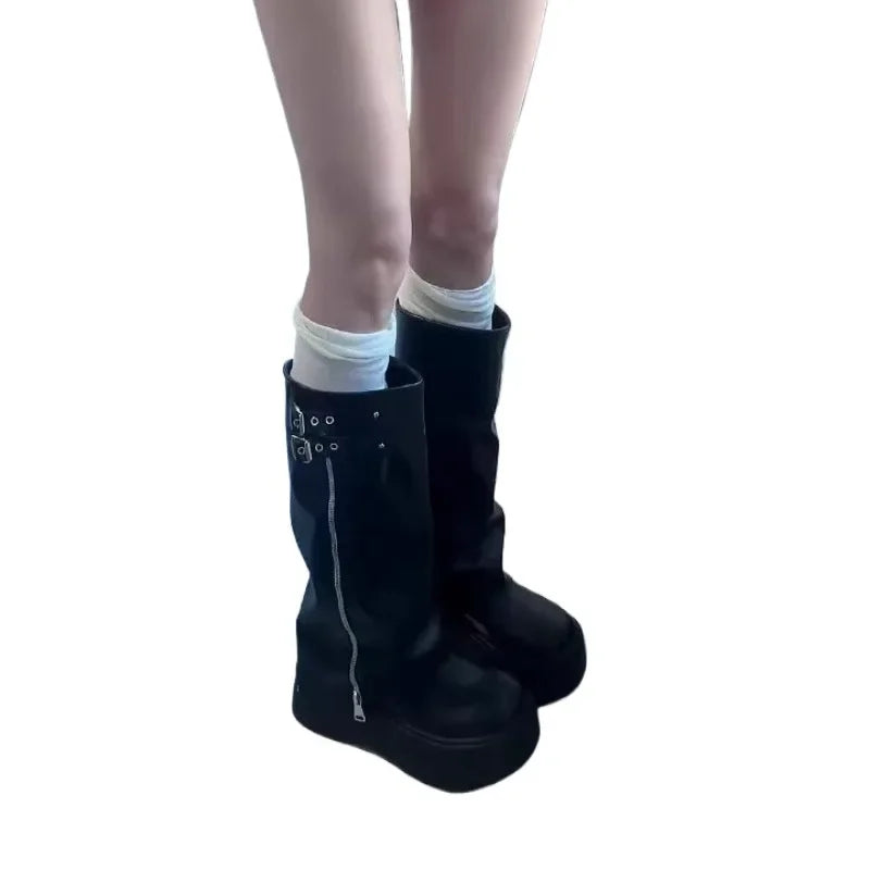 Women's Platform Knee-High Boots – Buckle Zip Winter Knee-High Boots Axl