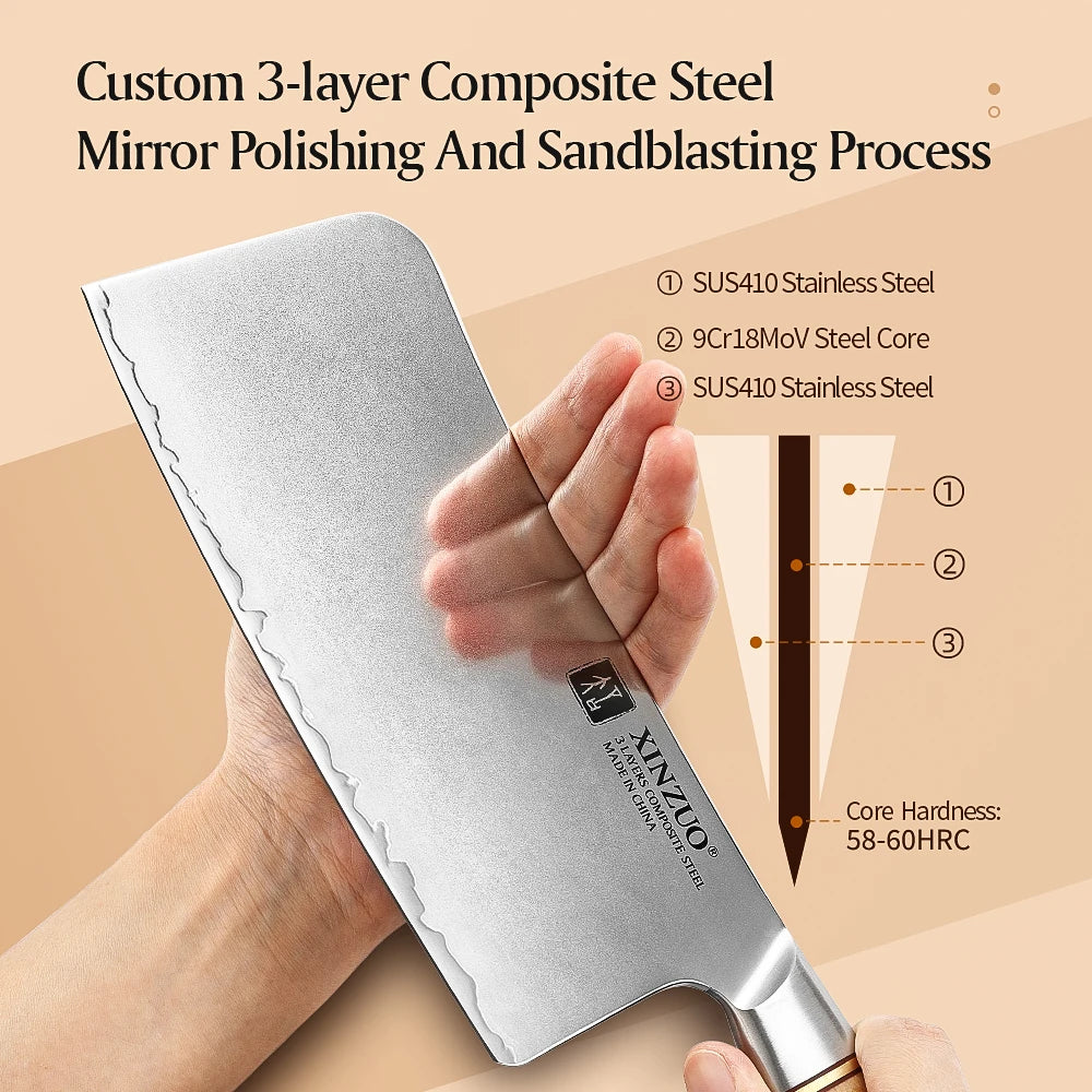 XINZUO 7-Inch Bone Chopper | 10Cr15CoMoV Steel Pakkawood Bone Chopper Cleaver Axl