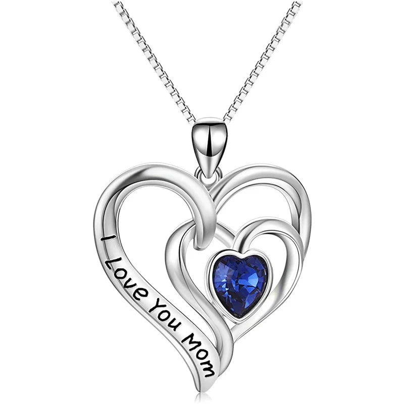 Huitan "I Love You Mom" Heart Blue CZ Pendant Necklace Pendant Necklace Axl