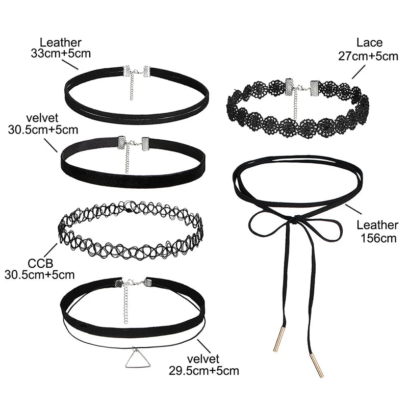 6-Piece Gothic Velvet & Lace Choker Necklace Set – Black Choker Necklace Set Axl