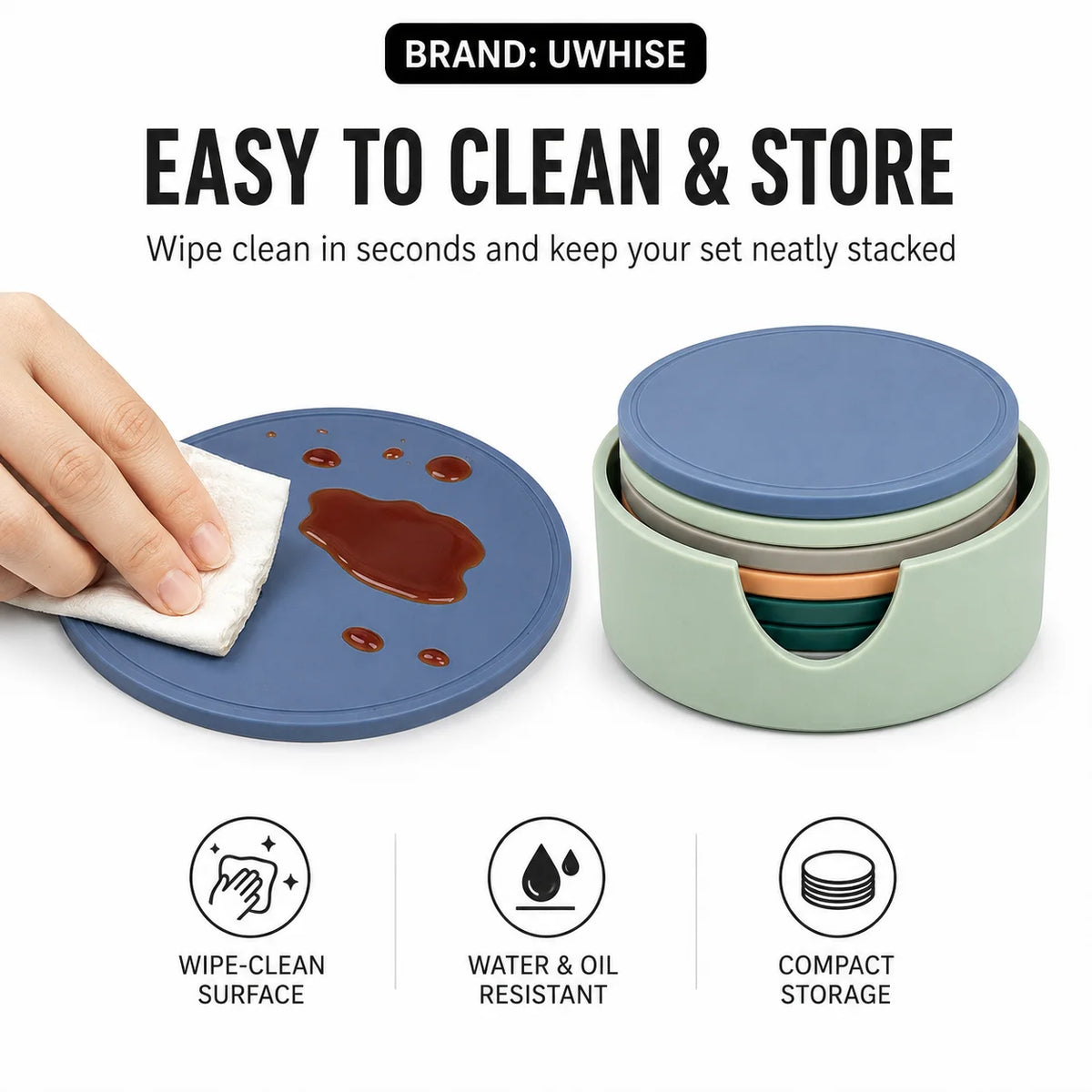 UWHISE 6-Piece Silicone Coasters Set with Holder | Heat Resistant Silicone Coaster Set Axl
