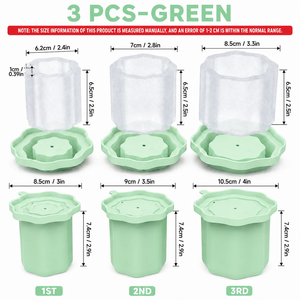 3-Piece Hollow Cylinder Ice Mold for 20–40oz Tumblers & Lids Silicone Ice Mold Axl 3 PCS-Green