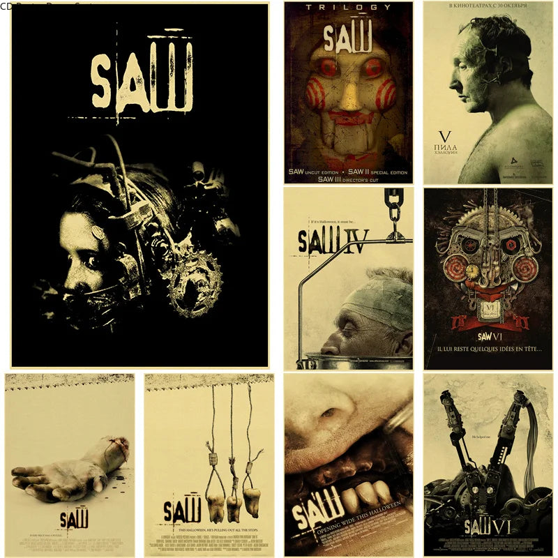 Saw Horror Movie Retro Kraft Paper Poster | Vintage Wall Art Movie Wall Poster Axl