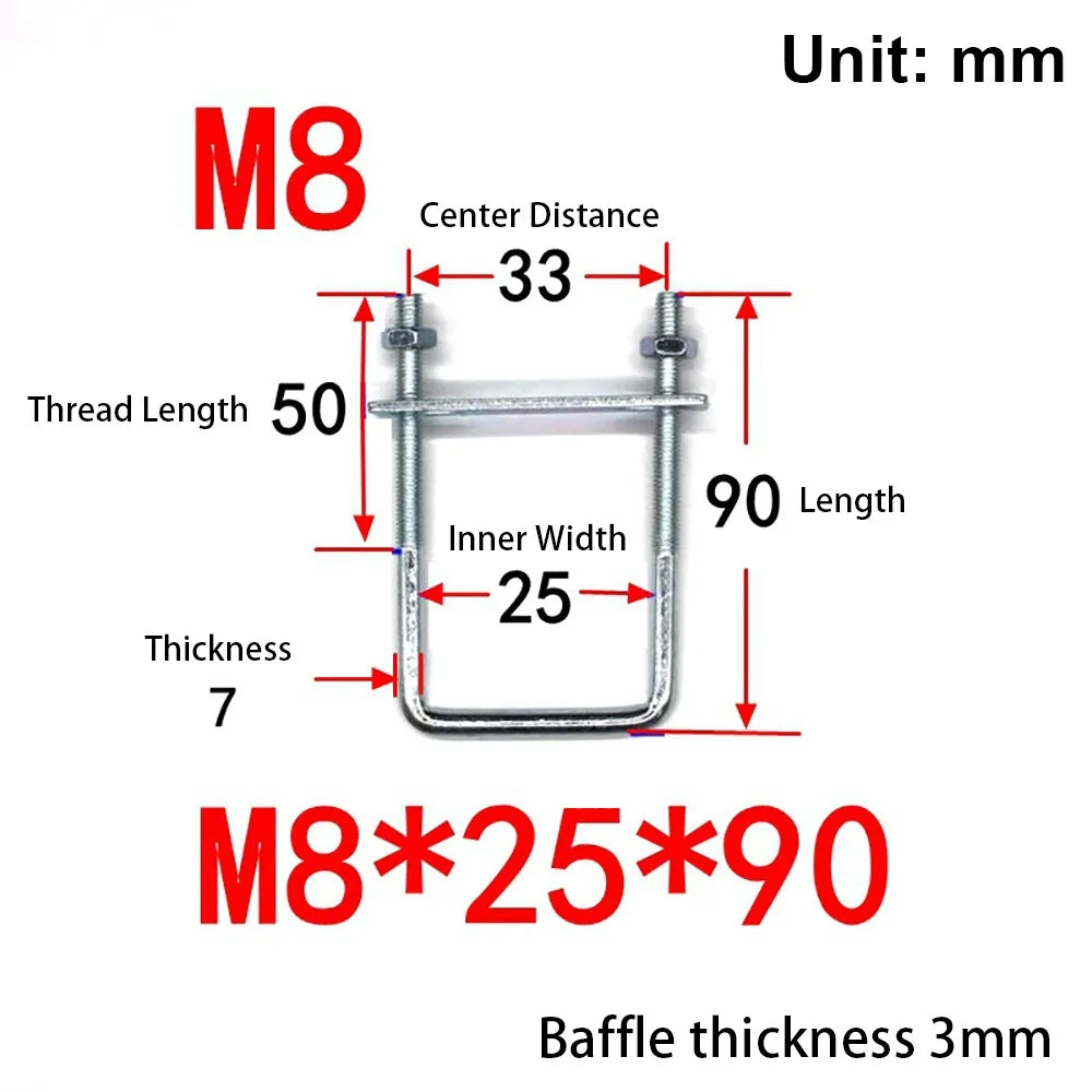 M8 Square Tube U-Clamp | Galvanized Q235 Carbon Steel + Baffle Tube Clamp Axl M8x25x90mm