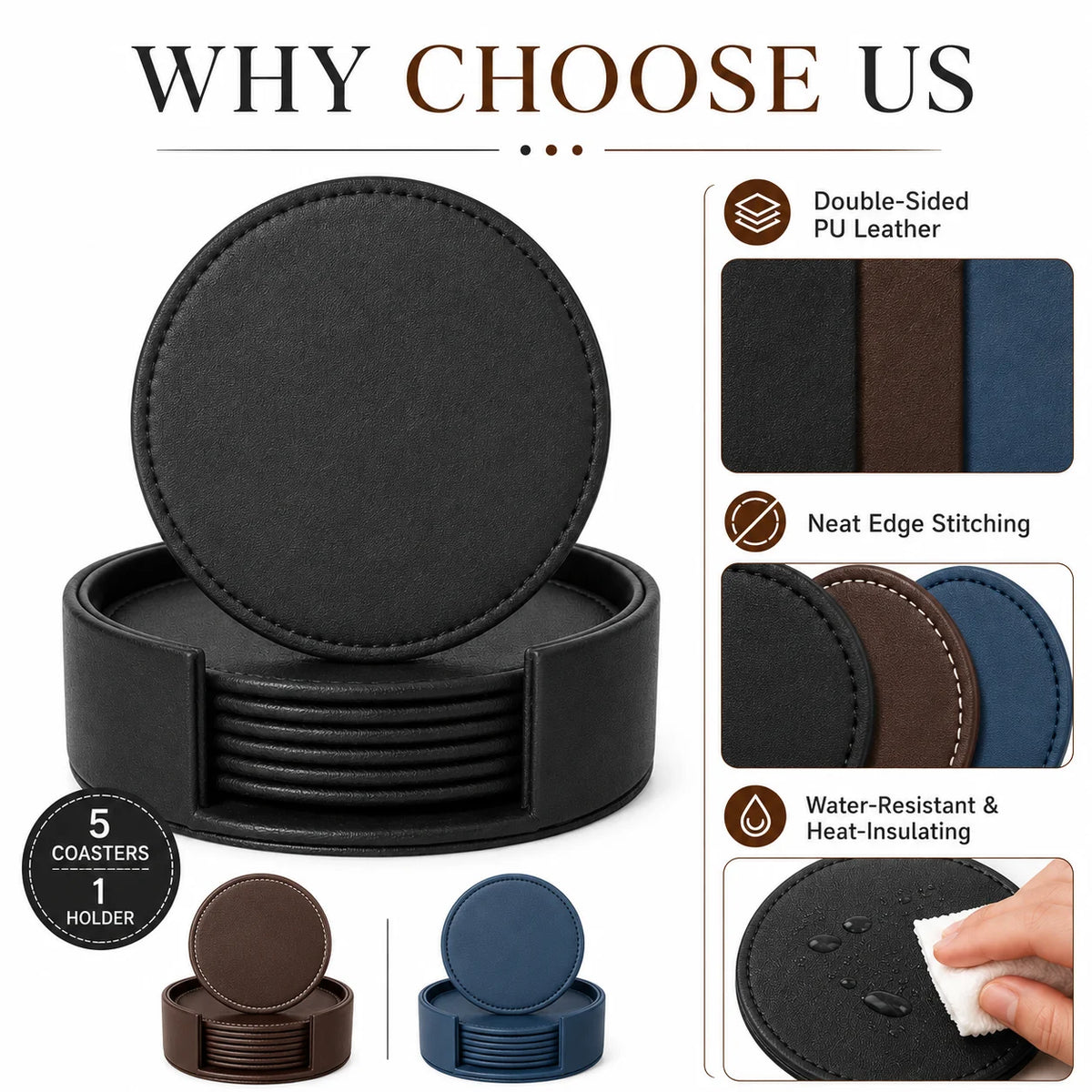 6-Piece PU Leather Coasters with Holder – Waterproof & Heat Resistant Leather Coaster Set Axl
