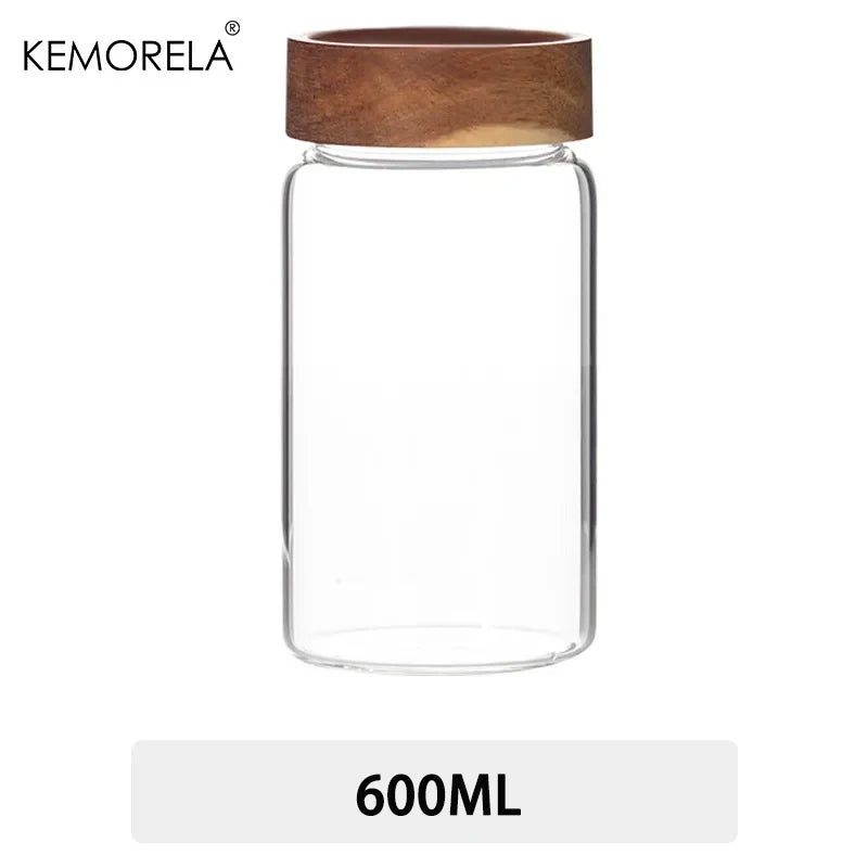 Glass Sealed Storage Jars with Wood Lid | Kitchen Organizer Glass Storage Jars Axl 600ML