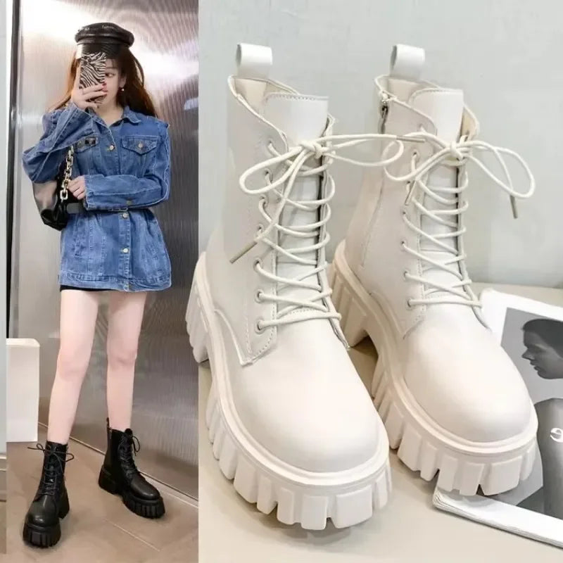 Women's Mid-Calf Winter Boots – British Lace-Up Thick Sole Mid-Calf Winter Boots Axl