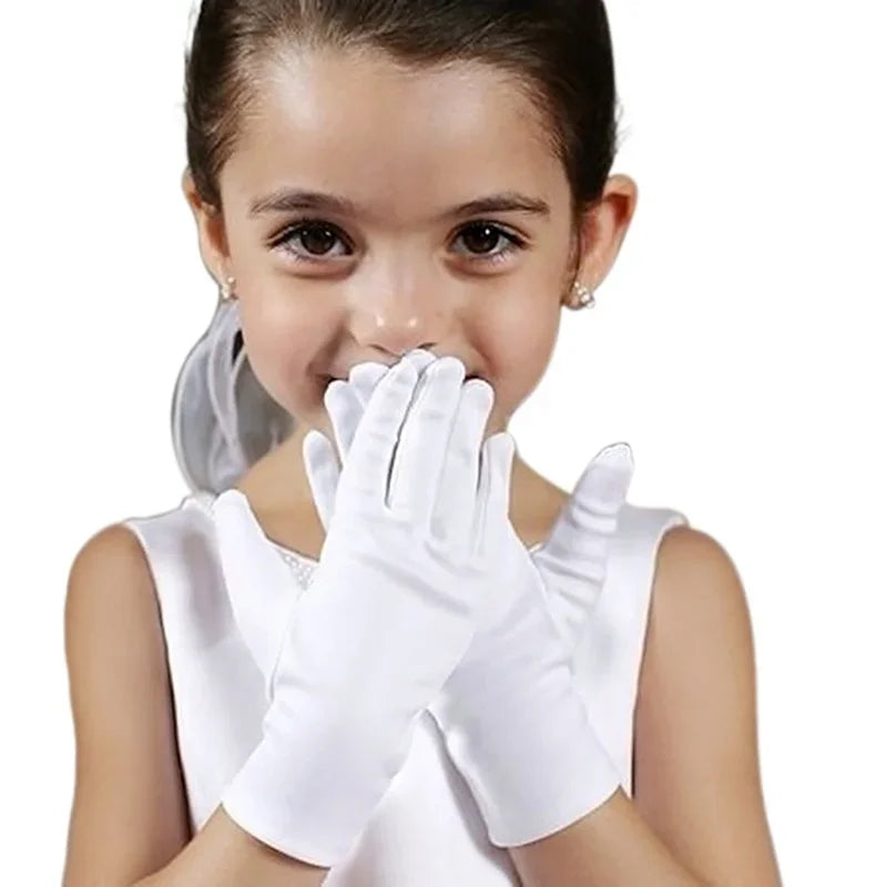 White Satin Kids Gloves – Flower Girl Wedding & Party Gloves Kids Formal Gloves Axl