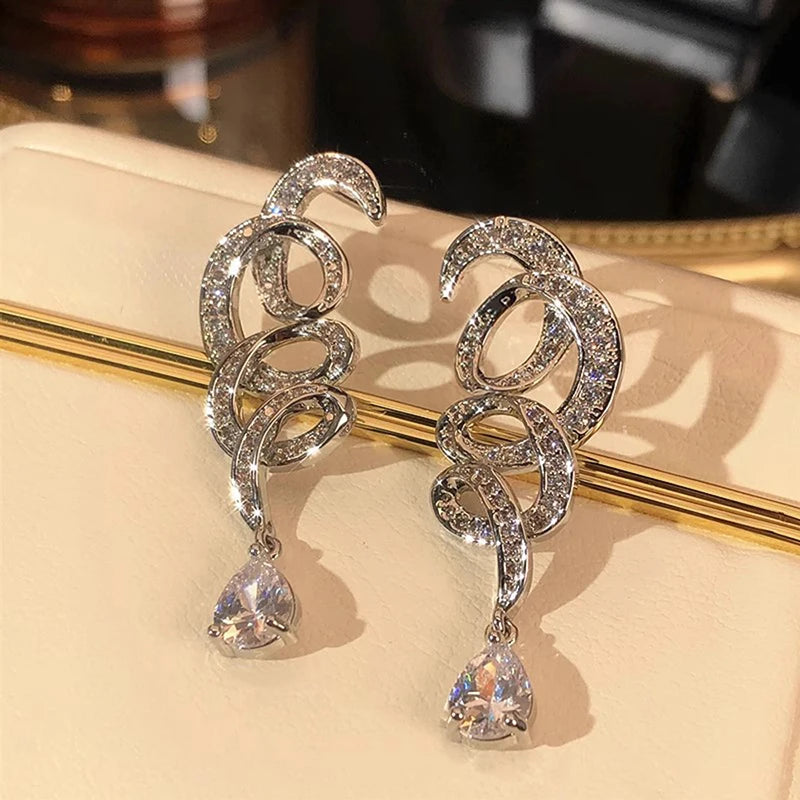 Huitan Ribbon Drop Earrings | Cubic Zirconia Pendant Jewelry Drop Earrings Axl