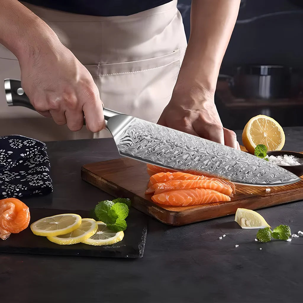 Santoku Knife Set – Fishbone Pattern Kitchen Chef Knives Santoku Knife Set Axl