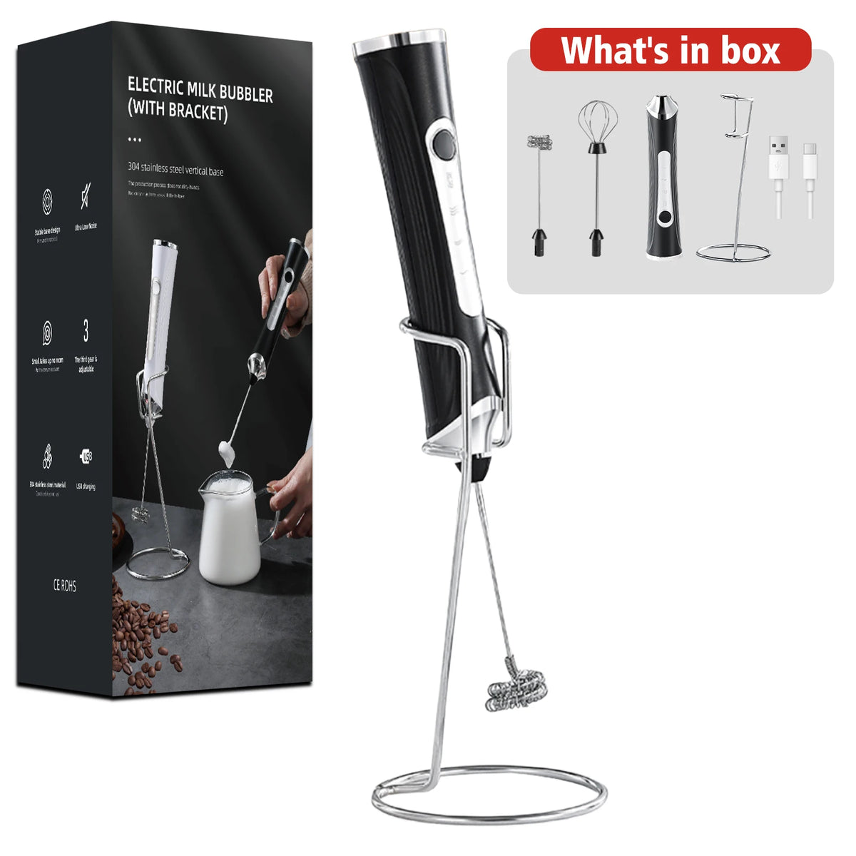 Rechargeable Handheld Milk Frother 3-Speed with Stand Milk Frother Axl Black and stand