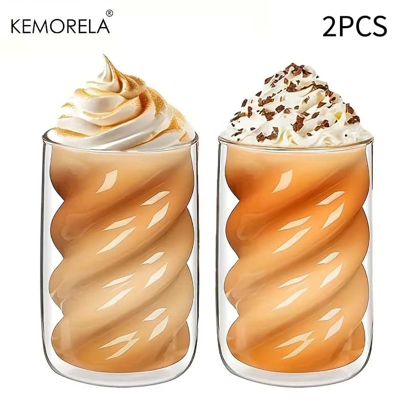 KEMORELA Double-Walled Spiral Glass Cup 320ml | 1 or 2 Pack Glass Coffee Cup Axl 2PCS 320ML