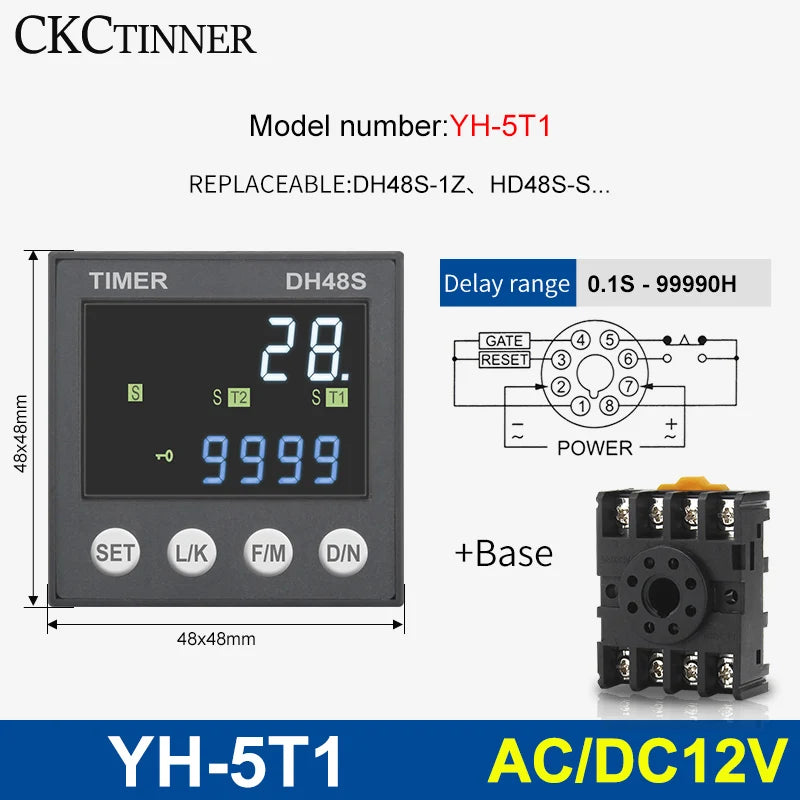 DH48S Programmable Time Delay Relay 24V/220V + Socket Base Programmable Time Relay Axl YH-5T1 - 12V ACDC