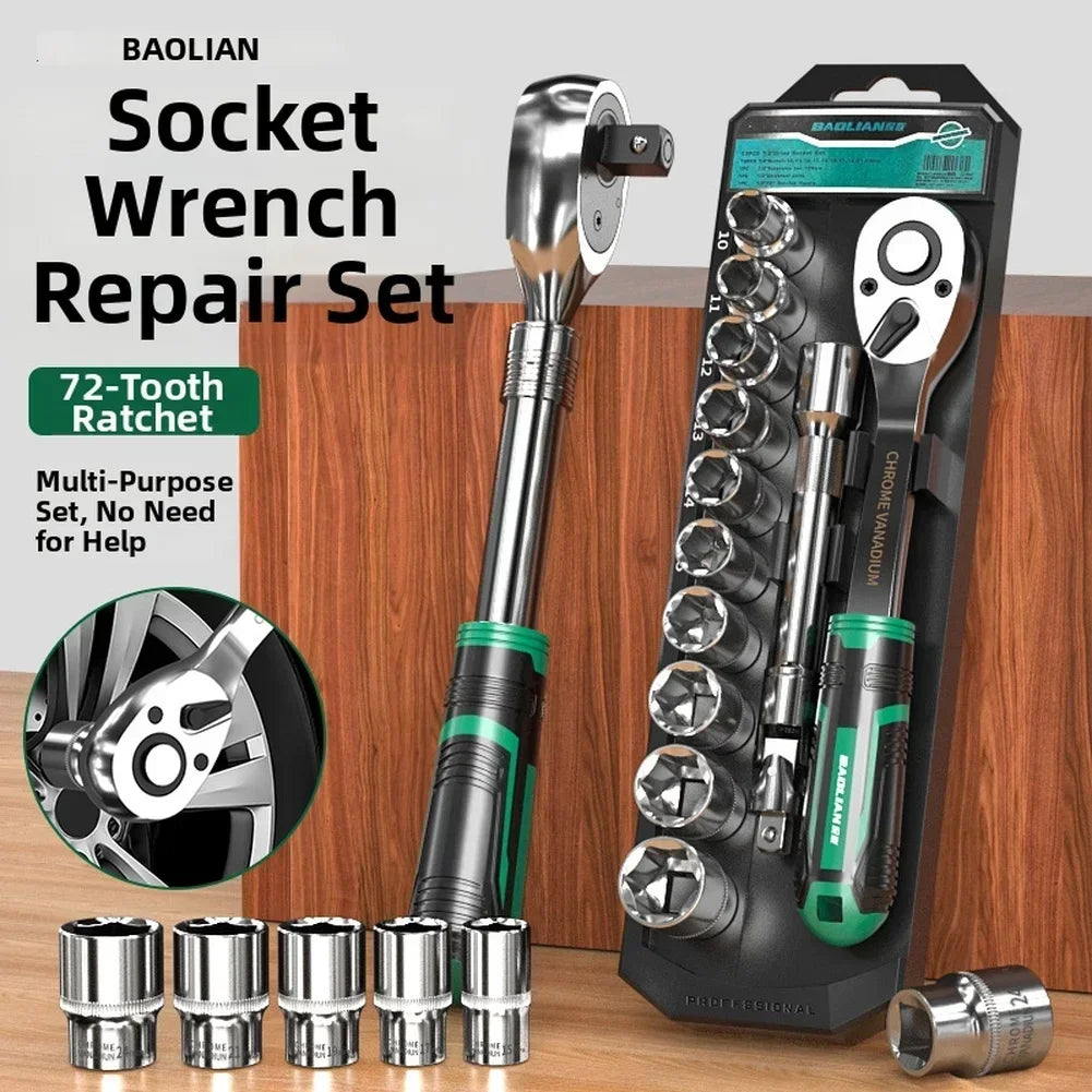 72-Tooth Ratcheting Socket Wrench Set 1/4" & 3/8" Drive Ratchet Socket Wrench Axl