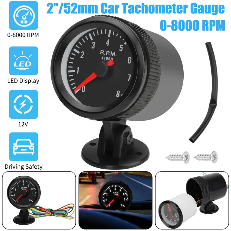 52mm Analog Tachometer RPM Gauge 0–8000 RPM White LED | Petrol Car Analog RPM Gauge Axl