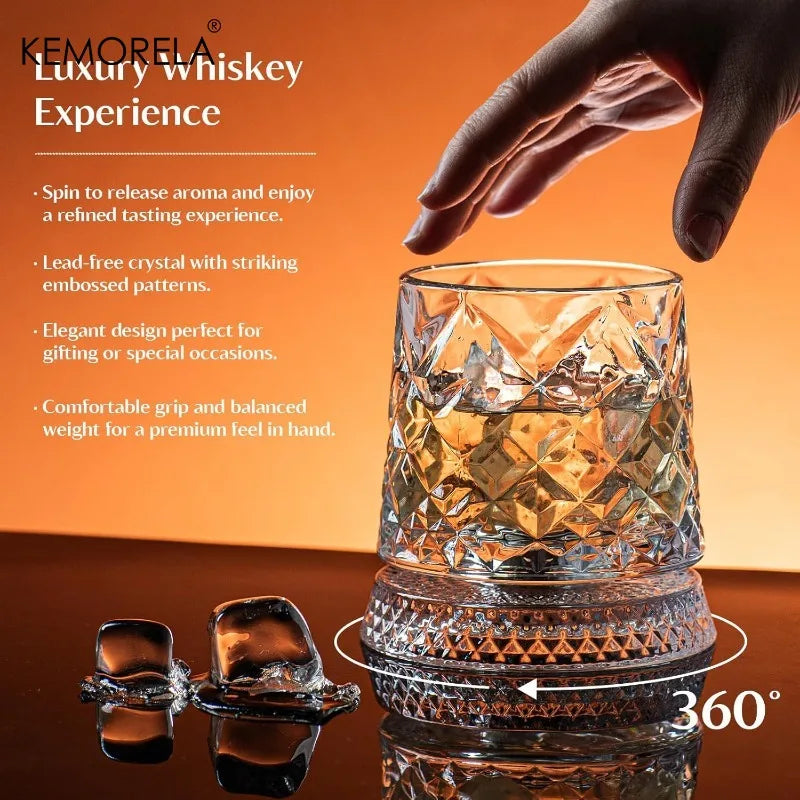 KEMORELA 300ml Spinning Whiskey Glasses Set of 2 | Bar Gift Whiskey Glass Set Axl