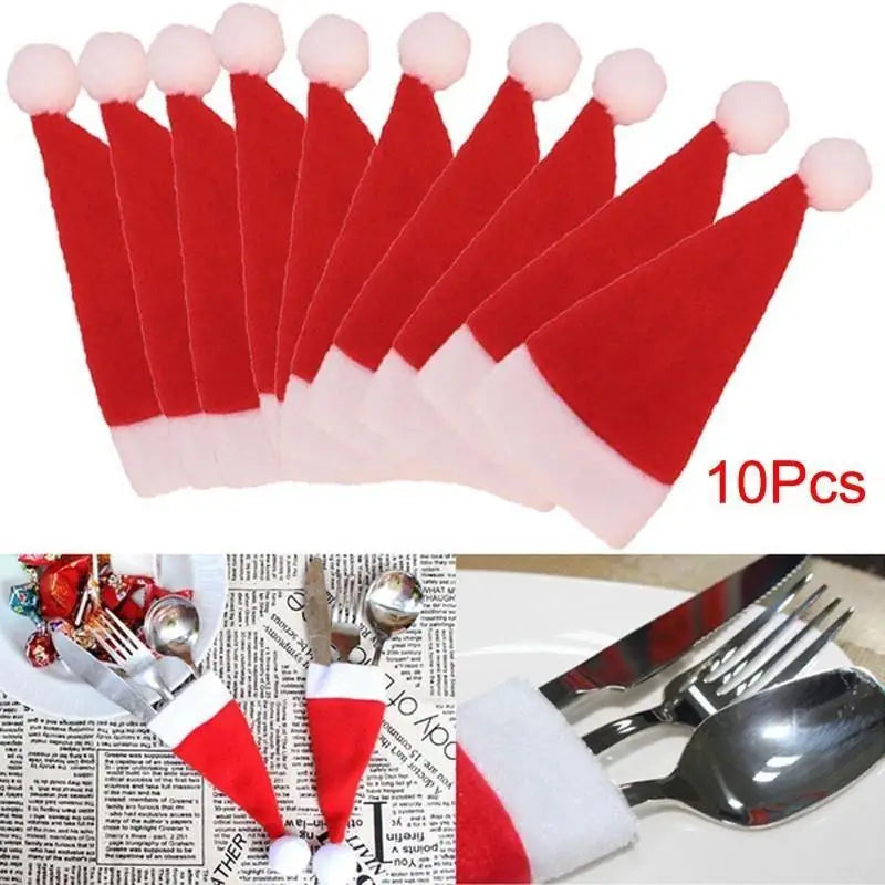 10-Piece Christmas Hat Cutlery Holders & Wine Bottle Covers Christmas Table Decor Axl 10pcs