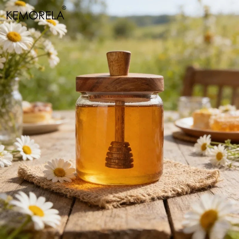 Glass Honey Jar with Dipper & Lid | Wide Mouth Syrup Dispenser Glass Honey Jar Axl