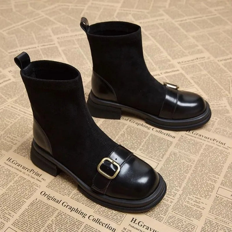 Women's Square Toe Knit Sock Ankle Boots – Medium Heel Women's Ankle Boots Axl
