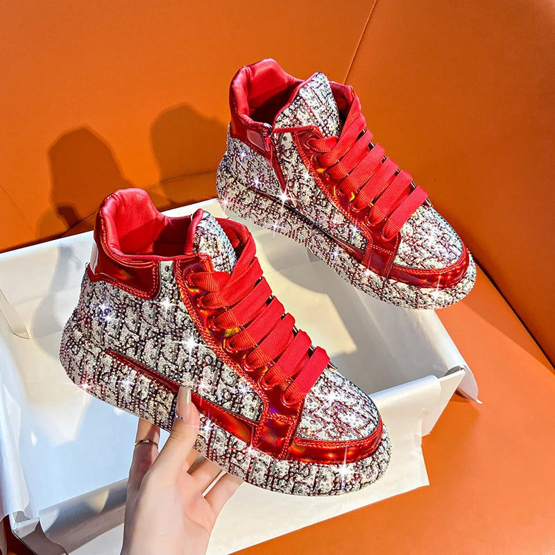 Women's Rhinestone High-Top Sneakers – Thick Sole Lace-Up High-Top Sneakers Axl Red 37