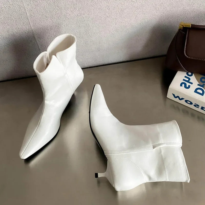 Women's Pointed Toe Ankle Boots – Slip-On Mid Heel Women's Ankle Boots Axl White 39