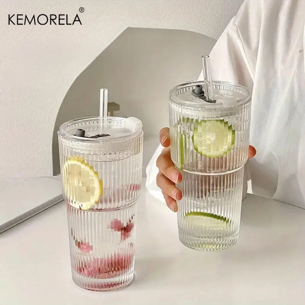 KEMORELA 600ml Stripe Glass Cup with Lid & Straw Glass Tumbler Axl