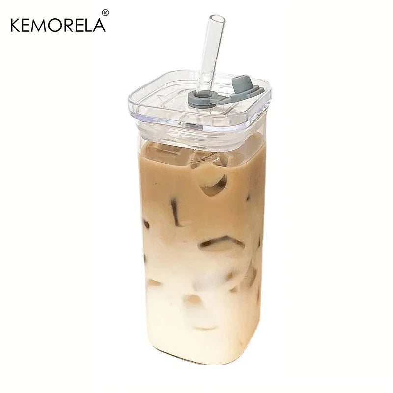 Square Heat-Resistant Glass Cups with Lid & Straw | Set of 1–6 Glass Cup Set Axl 1PCS 301-400ml