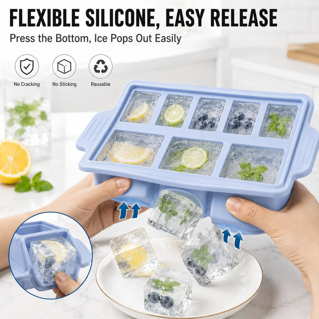 Silicone Ice Cube Tray with Metal Frame & Lid | 8 Large Cubes Silicone Ice Cube Tray Axl
