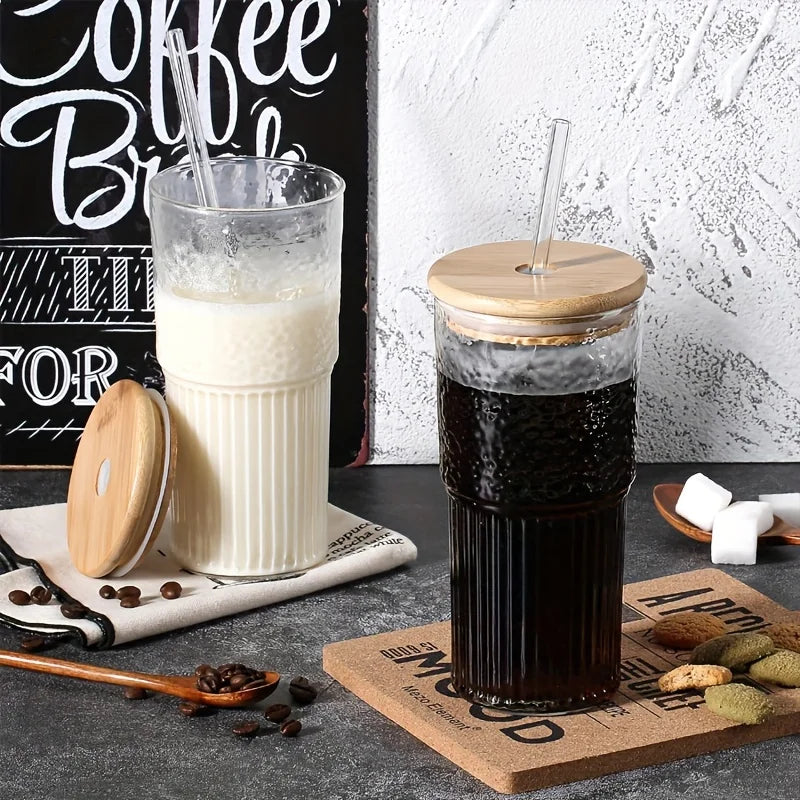 500ml Ribbed Glass Cup with Lid & Straw | Iced Coffee Mug Ribbed Drinking Glass Axl