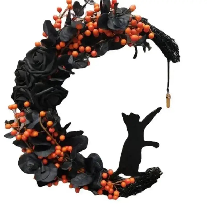 Halloween Black Cat Moon Wreath – Gothic Rose Front Door Decor Halloween Door Wreath Axl