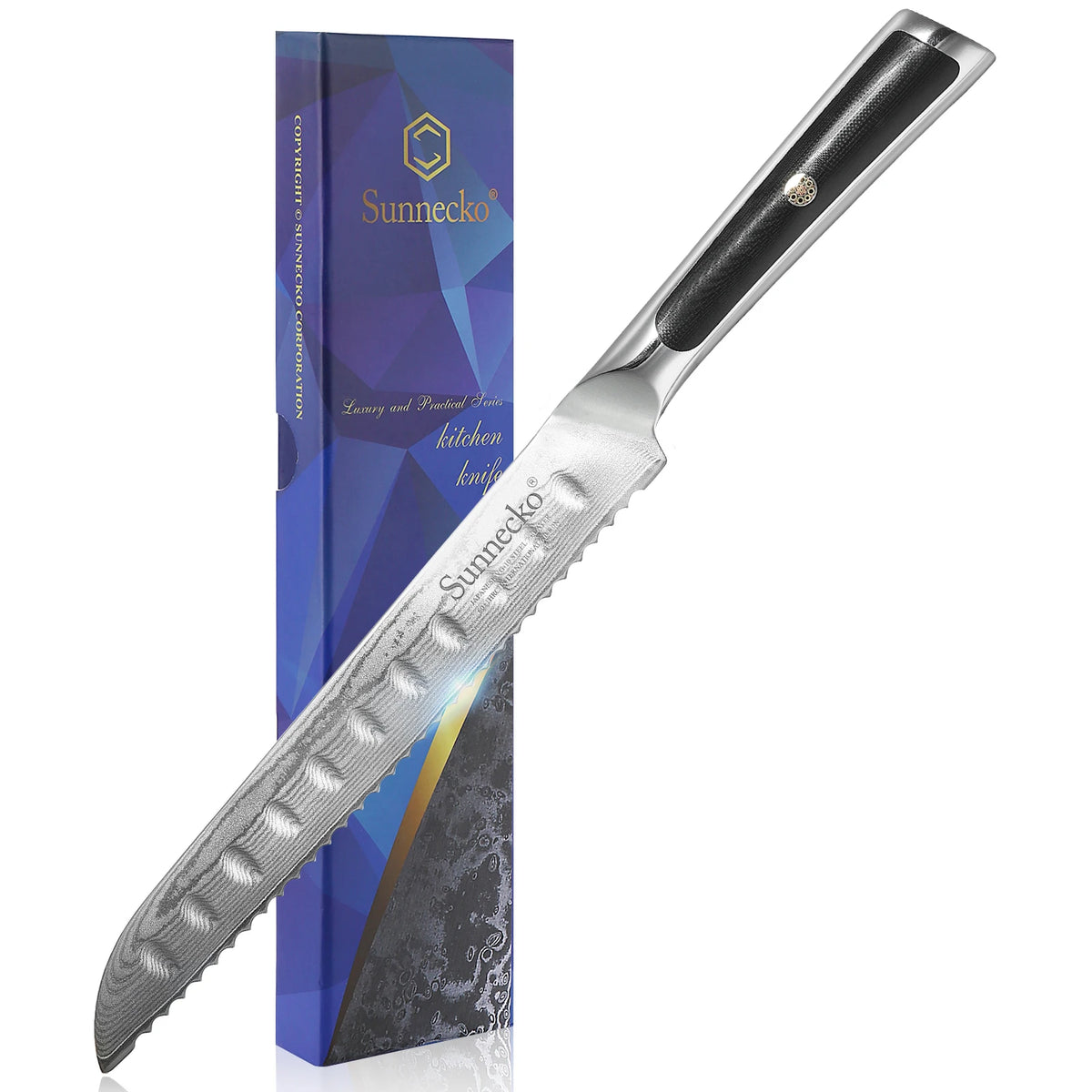Sunnecko 8" Damascus Serrated Bread Knife – 73-Layer VG10 Steel Serrated Bread Knife Axl Russian Federation 8 inch