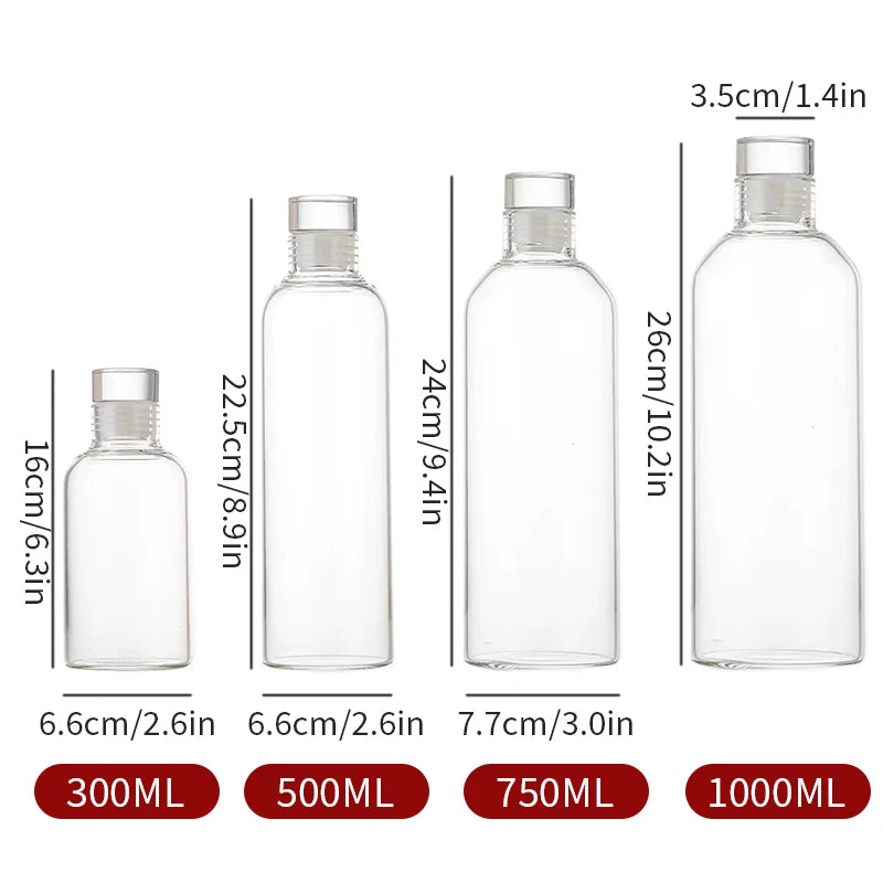KEMORELA Glass Water Bottle 300–1000ml Leak-Proof Eco Glass Water Bottle Axl