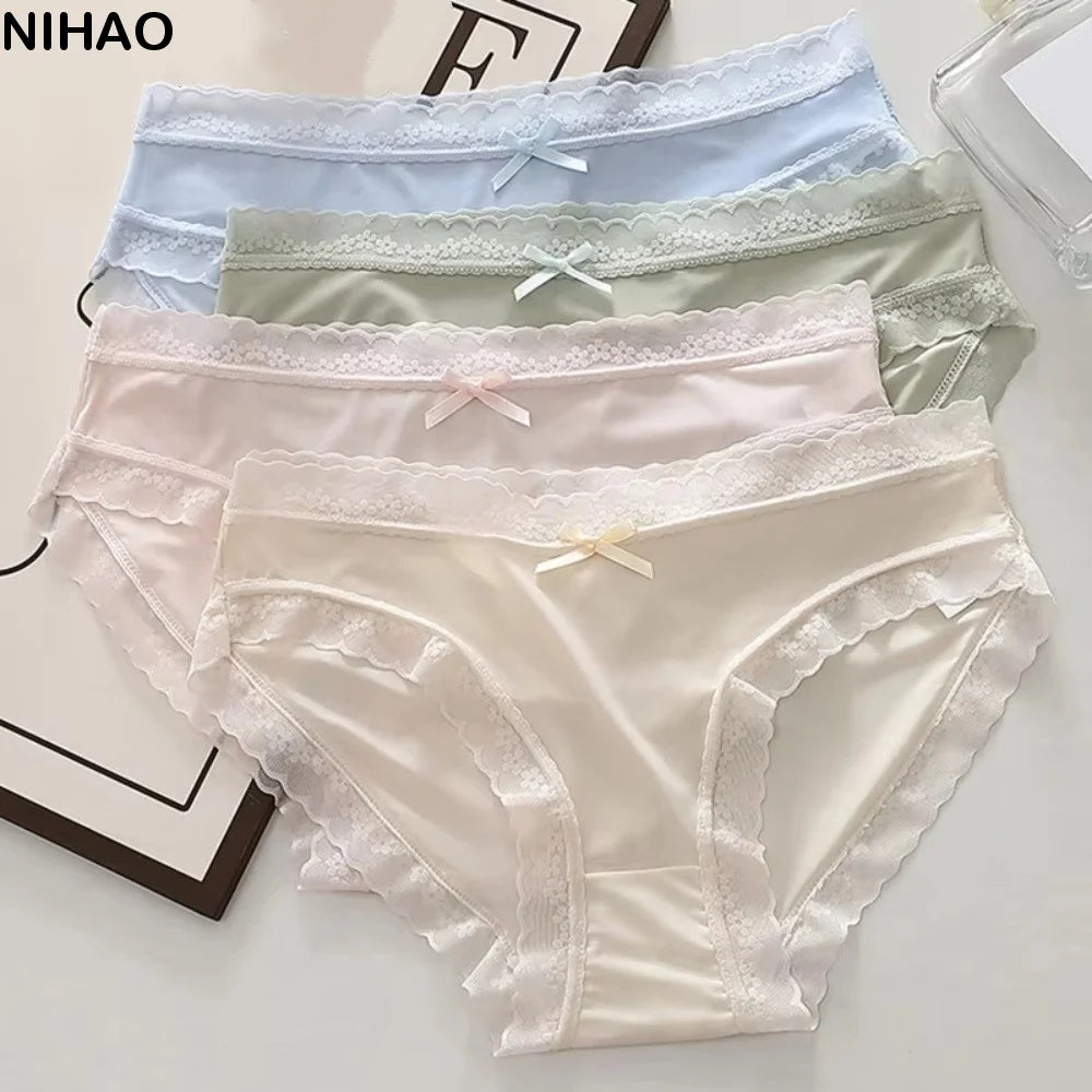Women's Ice Silk Seamless Briefs – Lace Bow Cotton Crotch Panties Women's Briefs Axl