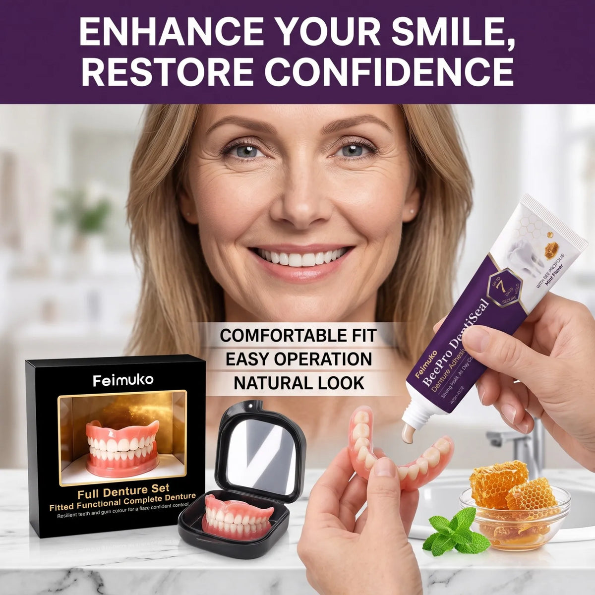 Full Set Silicone Dentures + Propolis Adhesive Cream | Natural Fit Denture Set Axl