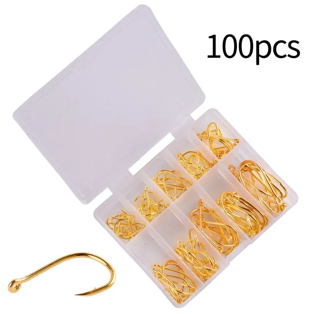 100 Pcs Barbed Fishing Hooks – Carbon Steel Carp & Sea Tackle Fishing Hooks Set Axl Gold