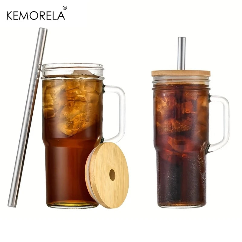 KEMORELA 700ml Glass Cup with Wooden Lid & Straw | Set of 1/2/4 Glass Cup Set Axl