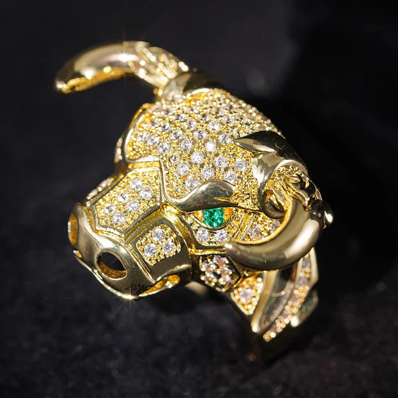 Huitan Cow Design Gold Tone Statement Ring – Green Eyes CZ Fashion Statement Ring Axl