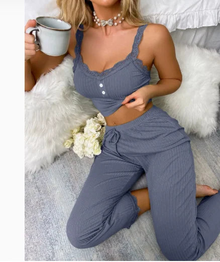 Women's Lace Trim 2-Piece Pajama Set – Soft Spaghetti Strap Sleepwear Pajama Set Axl gray S