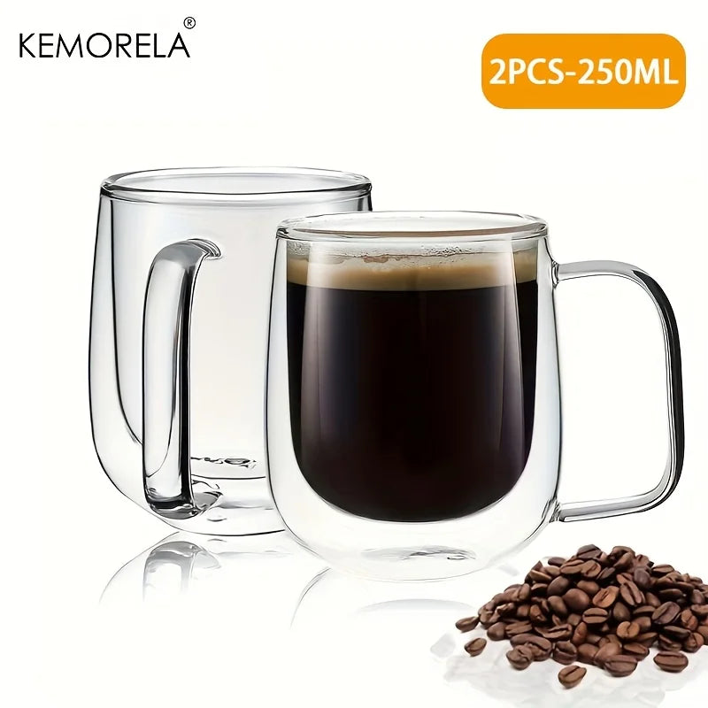 KEMORELA Double Wall Clear Glass Coffee Cup with Handle | 1-2 Pack Glass Coffee Mug Axl 2PCS 250ML 250-380ml