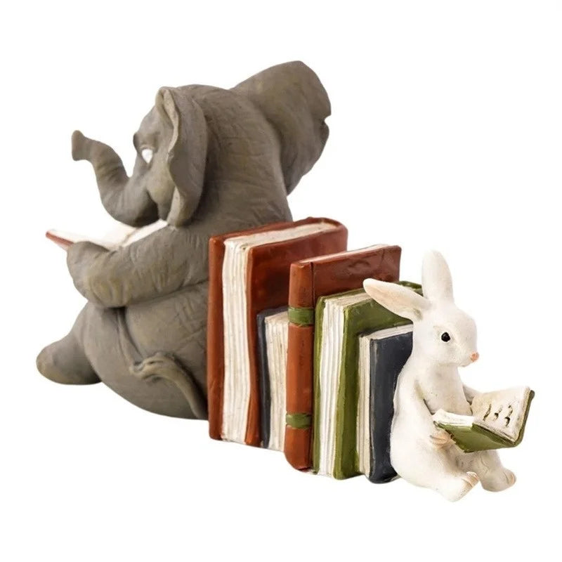 Elephant & Rabbit Reading Bookend – Resin Animal Statue Decor Decorative Bookend Axl