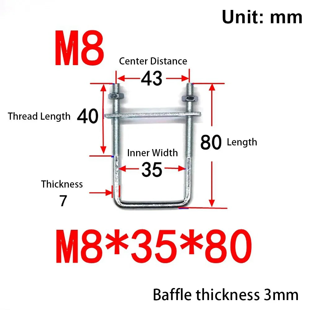 M8 Square Tube U-Clamp | Galvanized Q235 Carbon Steel + Baffle Tube Clamp Axl M8x35x80mm