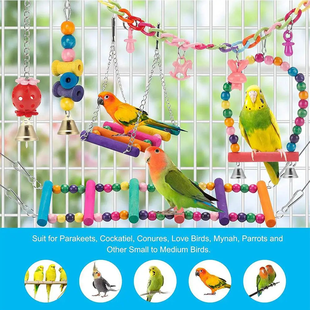 11-Piece Natural Wood Parrot Toy Set – Swing, Chew & Bell Toys Bird Cage Toys Axl