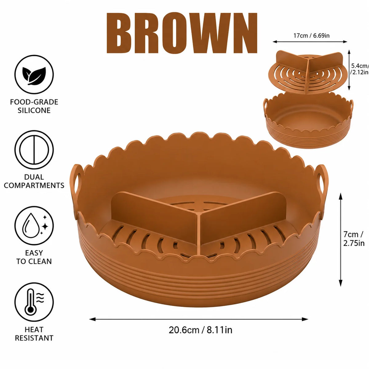 Silicone Air Fryer Liner – 3-Compartment Divider & Grease Filter Silicone Baking Liner Axl Brown