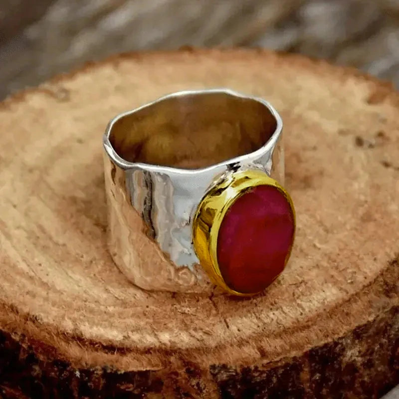 Huitan Vintage Wide Band Ring – Red CZ Two-Tone Women's Ring Fashion Ring Axl A686 10