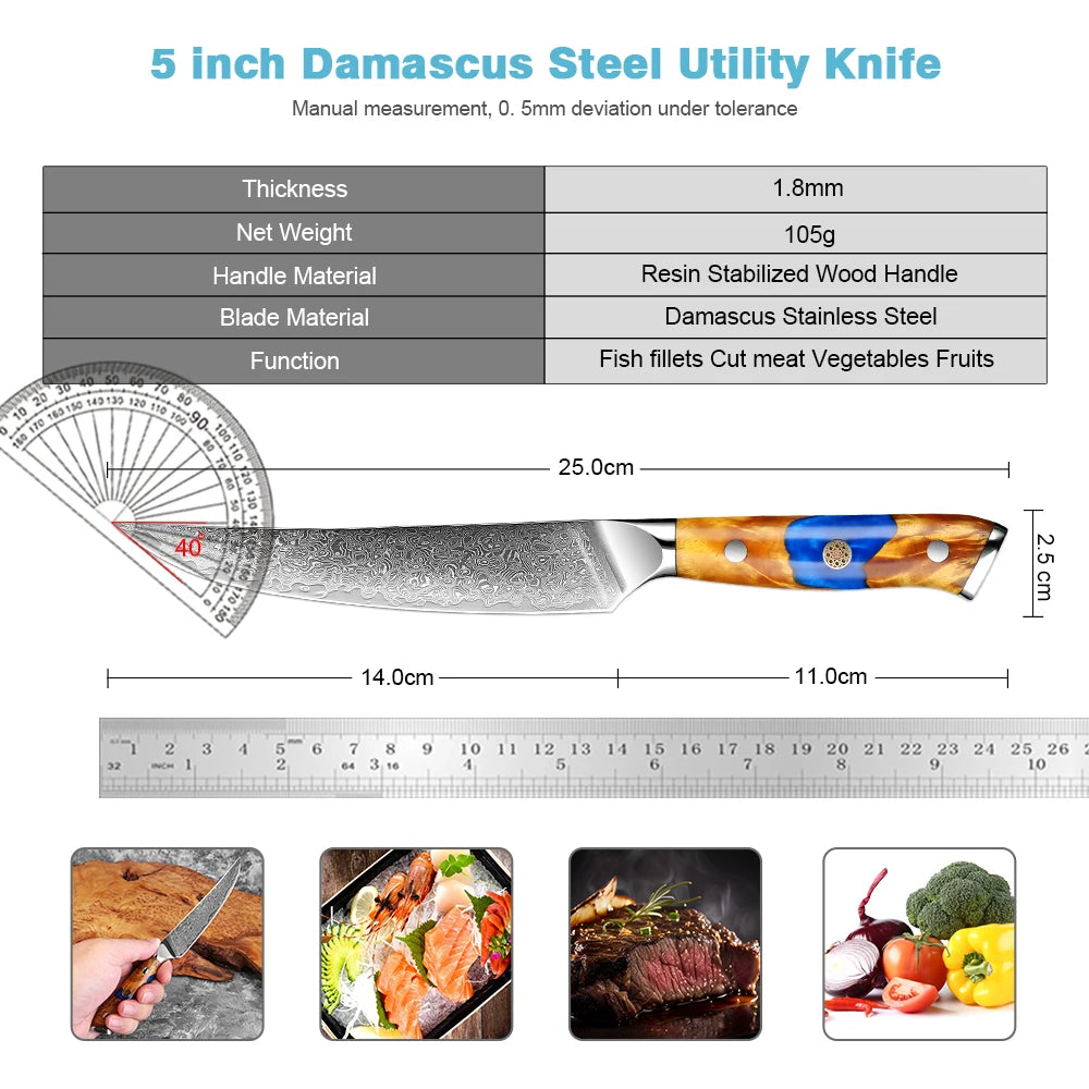 XITUO 5" Damascus Steel Japanese Petty Utility Knife | Full Tang Damascus Kitchen Knife Axl