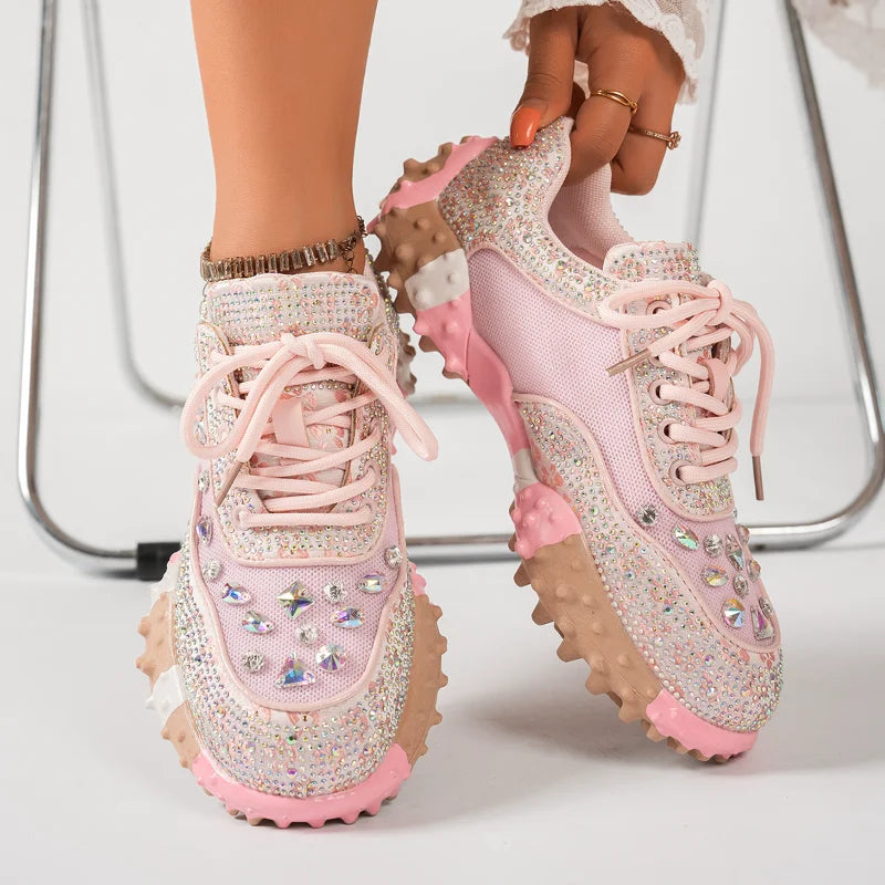 Women's Rhinestone Platform Sneakers – Shiny Lace-Up Shoes Platform Sneakers Axl