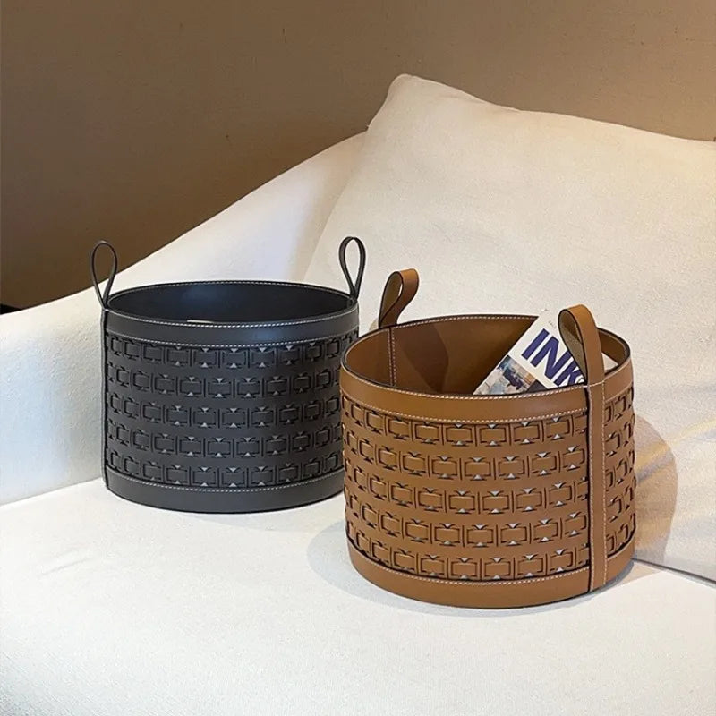 Luxury Leather Storage Basket with Handle | Modern Organizer Leather Storage Basket Axl