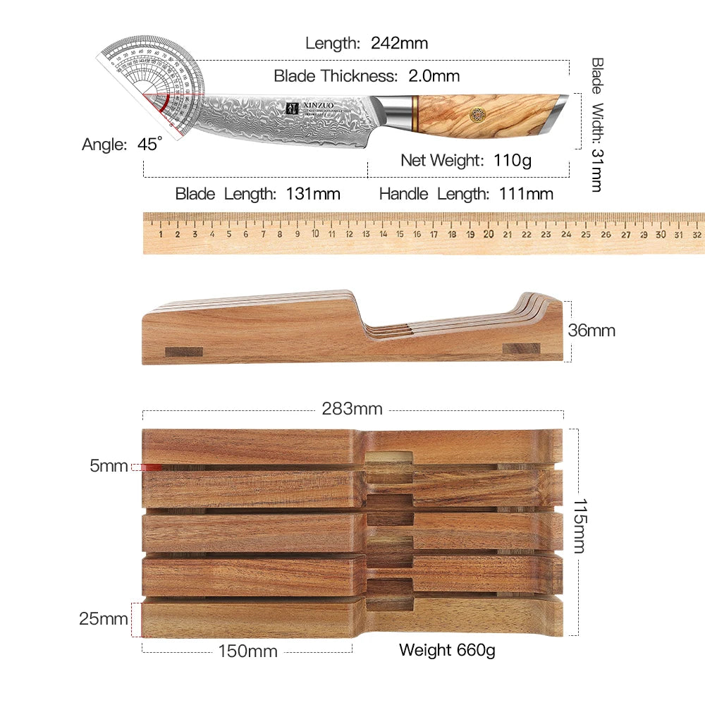 XINZUO 5-Pc Damascus Steak Knife Set | Olive Wood & Acacia Tray Steak Knife Set Axl